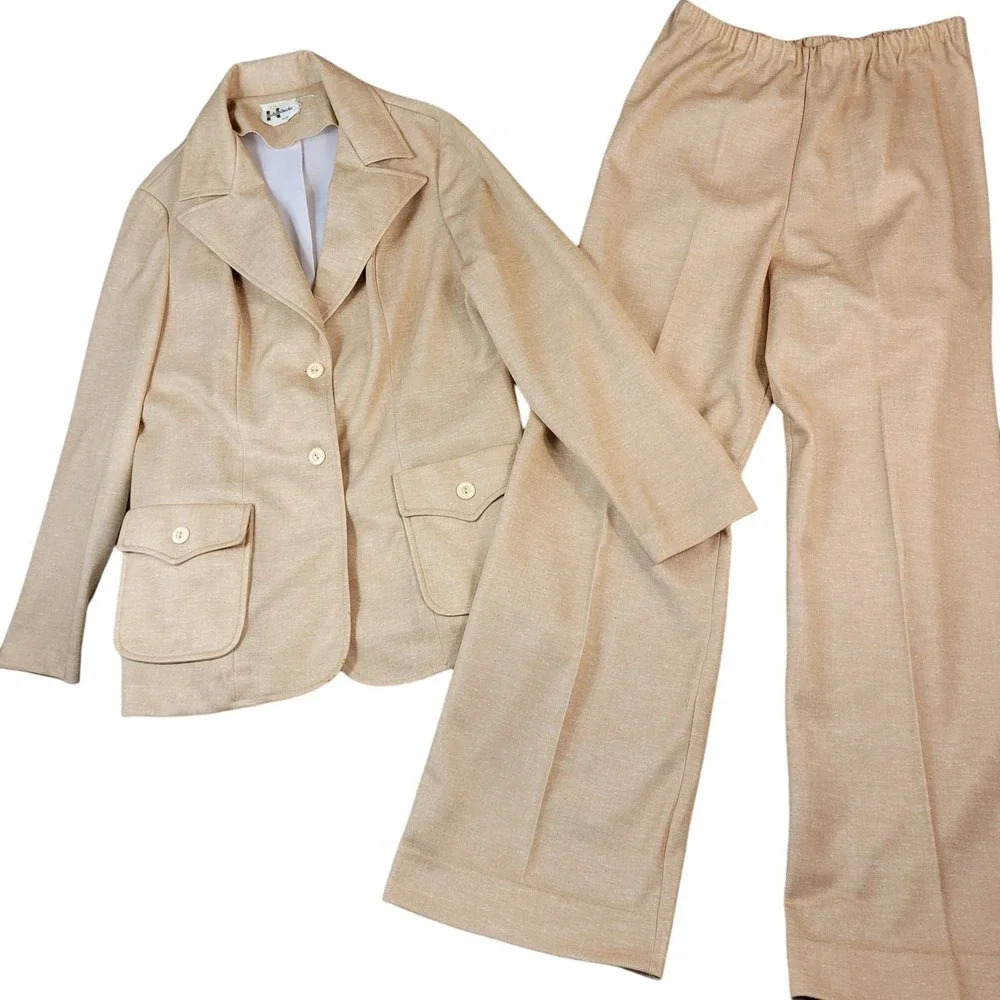 Vintage 60's Marty Gutmacher 2 Piece Suit Womens Size‎ 10 (38) Beige Wide Leg